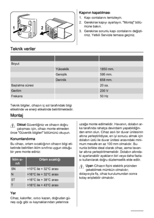 Page 7212
Kapının kapatılması
1. Kapı contalarını temizleyin.
2. Gerekirse kapıyı ayarlayın. "Montaj" bölü‐
müne bakın.
3. Gerekirse sorunlu kapı contalarını değişti‐
riniz. Yetkili Servisle temasa geçiniz.
Teknik veriler
   
Boyut  
 Yükseklik1850 mm.
 Genişlik595 mm.
 Derinlik658 mm.
Başlatma süresi 20 sa.
Gerilim 230 V
Frekans 50 Hz
Teknik bilgiler, cihazın iç sol tarafındaki bilgi
etiketinde ve enerji etiketinde belirtilmektedir.
Montaj
Dikkat Güvenliğiniz ve cihazın doğru
çalışması için, cihazı...