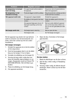 Page 11ProbleemMogelijke oorzaakOplossing
De temperatuur in de koel-
kast is te hoog.Er is geen koude luchtcirculatie in
het apparaat.Zorg ervoor dat er koude luchtcircu-
latie in het apparaat is.
De temperatuur in het
vriesvak is te hoog.Producten liggen te dicht op elkaar.Berg de producten zodanig op dat er
koude lucht kan circuleren.
Het apparaat werkt niet.Het apparaat is uitgeschakeld.Schakel het apparaat in.
 De stekker zit niet goed in het stop-
contact.Steek de stekker goed in het stop-
contact.
 Het...