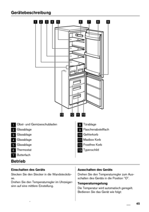 Page 45Gerätebeschreibung
243789
101213
561
11
1Obst- und Gemüseschubladen
2Glasablage
3Glasablage
4Glasablage
5Glasablage
6Thermostat
7Butterfach
8Türablage
9Flaschenabstellfach
10Gefrierkorb
11Maxibox Korb
12Frostfree Korb
13Typenschild
Betrieb
Einschalten des Geräts
Stecken Sie den Stecker in die Wandsteckdo-
se.
Drehen Sie den Temperaturregler im Uhrzeiger-
sinn auf eine mittlere Einstellung.Ausschalten des Geräts
Drehen Sie den Temperaturregler zum Aus-
schalten des Geräts in die Position "O"....