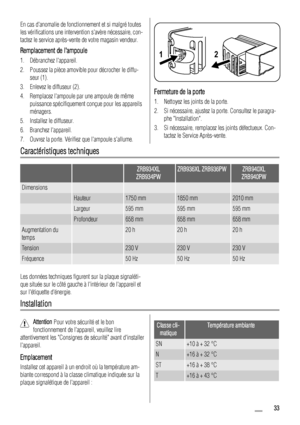 Page 33En cas danomalie de fonctionnement et si malgré toutes
les vérifications une intervention savère nécessaire, con-
tactez le service après-vente de votre magasin vendeur.
Remplacement de lampoule
1. Débranchez lappareil.
2. Poussez la pièce amovible pour décrocher le diffu-
seur (1).
3. Enlevez le diffuseur (2).
4. Remplacez lampoule par une ampoule de même
puissance spécifiquement conçue pour les appareils
ménagers.
5. Installez le diffuseur.
6. Branchez lappareil.
7. Ouvrez la porte. Vérifiez que...