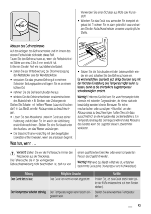 Page 43Abtauen des Gefrierschranks
Auf den Ablagen des Gefrierschranks und im Innern des
oberen Fachs bildet sich stets etwas Reif.
Tauen Sie den Gefrierschrank ab, wenn die Reifschicht ei-
ne Stärke von etwa 3 bis 5 mm erreicht hat.
Entfernen Sie den Reif wie nachstehend erläutert:
• ziehen Sie zur Unterbrechung der Stromversorgung
den Netzstecker aus der Wandsteckdose
• verpacken Sie das gesamte Gefriergut in mehrere
Schichten Zeitungspapier und lagern Sie es an einem
kühlen Ort
• nehmen Sie die...