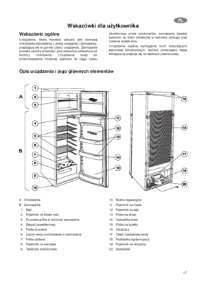 Page 1717
P PL
L
Wskazówki ogólne
Urządzenie, które Państwo zakupili jest domową
chłodziarko-zamrażarką z jedną sprężarką i zamrażarką,
znajdującą się w górnej części urządzenia. Zamrażarka
posiada osobne drzwiczki i jest całkowicie oddzielona od
komory chłodzenia. Urządzenie służy do
przechowywania mrożonej żywności (w ciągu czasu
określonego przez producenta), zamrażania świeżej
żywności (w ilości określonej w instrukcji obsługi) oraz
robienia kostek lodu.
Urządzenie spełnia wymagania norm dotyczących...