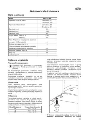 Page 2323
P PL
L
Dane techniczne
Instalacja urządzenia
Transport i rozpakowanie
Urządzenie jest dostarczane w oryginalnym
opakowaniu. Należy je przewozić w pozycji 
pionowej.
Po każdorazowym przewożeniu urządzenia należy
odczekać z podłączeniem do zasilania elektrycznego
przynajmniej 2 godziny.
Rozpakować urządzenie i sprawdzić, czy nie jest
uszkodzone (zachować opakowanie) . Jeżeli sprzęt
posiada usterki należy je zgłosić w miejscu zakupu.
Czyszczenie
Zdjąć wszystkie taśmy samoprzylepne, które
zabezpieczają...