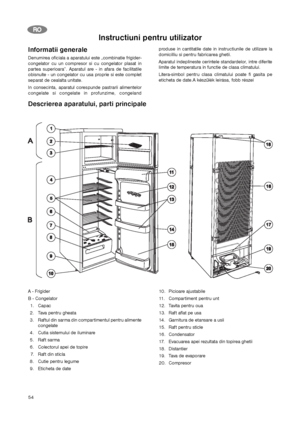 Page 5454
R RO
O
Informatii generale
Denumirea oficiala a aparatului este „combinatie frigider-
congelator cu un compresor si cu congelator plasat in
partea superioara”. Aparatul are - in afara de facilitatile
obisnuite - un congelator cu usa proprie si este complet
separat de cealalta unitate.
In consecinta, aparatul corespunde pastrarii alimentelor
congelate si congelate in profunzime, congeland
produse in cantitatile date in instructiunile de utilizare la
domicilliu si pentru fabricarea ghetii.
Aparatul...