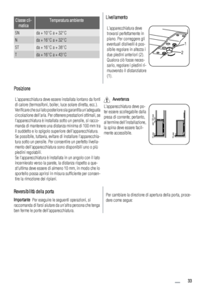 Page 33Classe cli-
maticaTemperatura ambiente
SNda + 10°C a + 32°C
Nda + 16°C a + 32°C
STda + 16°C a + 38°C
Tda + 16°C a + 43°C
Livellamento
Lapparecchiatura deve
trovarsi perfettamente in
piano. Per correggere gli
eventuali dislivelli è pos-
sibile regolare in altezza i
due piedini anteriori (2).
Qualora ciò fosse neces-
sario, regolare i piedini ri-
muovendo il distanziatore
(1).
1
2
Posizione
Lapparecchiatura deve essere installata lontano da fonti
di calore (termosifoni, boiler, luce solare diretta, ecc.)....