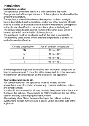 Page 7InstallationInstallation LocationThe appliance should be set up in a well-ventilated, dry room.Energy use and efficient performance of the appliance is affected by the ambient temperature.The appliance should therefore not be exposed to direct sunlight;Do not be installed next to radiators, cookers or other sources of heat;only be installed at a location whose ambient temperature corresponds to the climate classification, for which the appliance is designed.The climate classification can be found on the...