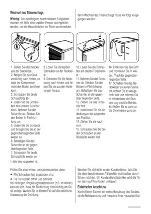 Page 40Wechsel des Türanschlags
Wichtig!  Die nachfolgend beschriebenen Tätigkeiten
müssen mit Hilfe einer zweiten Person durchgeführt
werden, um ein Herunterfallen der Türen zu vermeiden.
Beim Wechsel des Türanschlags muss wie folgt vorge-
gangen werden:
1. Ziehen Sie den Stecker
aus der Steckdose.
2. Neigen Sie das Gerät
vorsichtig nach hinten, so
dass der Kompressor
nicht den Boden berühren
kann.
3. Schrauben Sie beide
Schraubfüße ab.
4. Lösen Sie die Schrau-
ben des unteren Türschar-
niers. Nehmen Sie das...