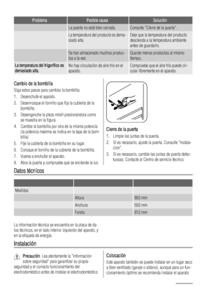 Page 58ProblemaPosible causaSolución
 La puerta no está bien cerrada.Consulte Cierre de la puerta.
 La temperatura del producto es dema-
siado alta.Deje que la temperatura del producto
descienda a la temperatura ambiente
antes de guardarlo.
 Se han almacenado muchos produc-
tos a la vez.Guarde menos productos al mismo
tiempo.
La temperatura del frigorífico es
demasiado alta.No hay circulación de aire frío en el
aparato.Compruebe que el aire frío puede cir-
cular libremente en el aparato.
Cambio de la bombilla...