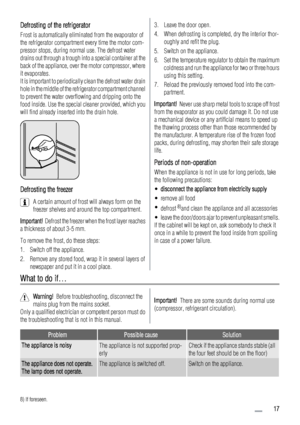 Page 17Defrosting of the refrigerator
Frost is automatically eliminated from the evaporator of
the refrigerator compartment every time the motor com-
pressor stops, during normal use. The defrost water
drains out through a trough into a special container at the
back of the appliance, over the motor compressor, where
it evaporates.
It is important to periodically clean the defrost water drain
hole in the middle of the refrigerator compartment channel
to prevent the water overflowing and dripping onto the
food...