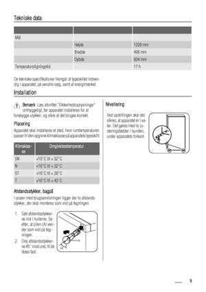 Page 9Tekniske data
   
Mål  
 Højde1209 mm
 Bredde496 mm
 Dybde604 mm
Temperaturstigningstid 17 h
De tekniske specifikationer fremgår af typeskiltet indven-
dig i apparatet, på venstre væg, samt af energimærket.
Installation
Bemærk  Læs afsnittet Sikkerhedsoplysninger
omhyggeligt, før apparatet installeres for at
forebygge ulykker, og sikre at det bruges korrekt.
Placering
Apparatet skal installeres et sted, hvor rumtemperaturen
passer til den opgivne klimaklasse på apparatets typeskilt:
Klimaklas-...