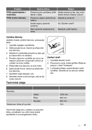 Page 49ProblémMožná příčinaŘešení
Příliš vysoká teplota v
mrazničce.Potraviny jsou položeny příliš
těsně u sebe.Uložte potraviny tak, aby mohl
dobře obíhat chladný vzduch.
Příliš mnoho námrazy.Potraviny nejsou správně za‐
baleny.Zabalte je správně.
 Dveře nejsou správně
zavřené.Viz "Zavření dveří".
 Není správně nastavená te‐
plota.Nastavte vyšší teplotu.
Výměna žárovky
Jestliže chcete výměnit žárovku, postupujte
takto:
1. Vypněte napájení spotřebiče.
2. Odšroubujte šroub, kterým je připevněn
kryt...