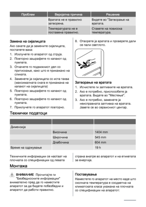 Page 76ПроблемВеројатна причинаРешение
 Вратата не е правилно
затворена.Видете во "Затворање на
вратата.
 Температурата не е
поставена правилно.Ставете на повисока
температура.
Замена на сијалицата
Ако сакате да ја замените сијалицата,
постапете вака:
1. Исклучете го апаратот од струја.
2. Повторно зашрафете го капакот од
пумпата.
3. Откачете го подвижниот дел со
притискање, како што е прикажано на
сликата.
4. Заменете ја сијалицата со иста таква
(максималната снага е прикажана на
капакот на сијалицата)
5....