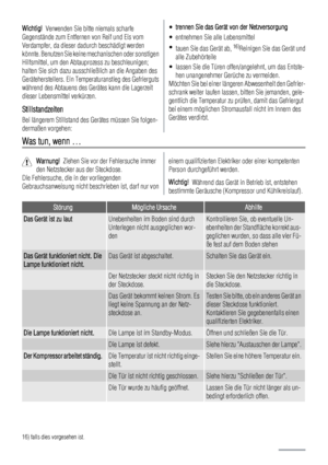 Page 42Wichtig!  Verwenden Sie bitte niemals scharfe
Gegenstände zum Entfernen von Reif und Eis vom
Verdampfer, da dieser dadurch beschädigt werden
könnte. Benutzen Sie keine mechanischen oder sonstigen
Hilfsmittel, um den Abtauprozess zu beschleunigen;
halten Sie sich dazu ausschließlich an die Angaben des
Geräteherstellers. Ein Temperaturanstieg des Gefrierguts
während des Abtauens des Gerätes kann die Lagerzeit
dieser Lebensmittel verkürzen.
Stillstandzeiten
Bei längerem Stillstand des Gerätes müssen Sie...