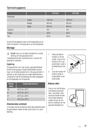 Page 23Technische gegevens
  ZRT724XZRT724W
Afmetingen   
 Hoogte1404 mm1404 mm
 Breedte545 mm545 mm
 Diepte604 mm604 mm
Tijdsduur 19 h19 h
Voltage 230 V230 V
Tijd 50 Hz50 Hz
De technische gegevens staan op het typeplaatje aan de
linker binnenkant in het apparaat en op het energielabel.
Montage
Let op! Lees voor uw eigen veiligheid en correcte
werking van het apparaat eerst de
veiligheidsinformatie aandachtig door, alvorens het
apparaat te installeren.
Opstelling
Dit apparaat kan ook in een droge, goed...