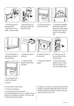 Page 361. Remove the plug from
the power socket.
2. Open the door of the
freezer. Loosen the hinge.
1 2
3
3. Remove the doors by
pulling them slightly and
remove the hinge.4. On the opposite side, re-
move the hole covers.5. Unscrew both adjustable
feet and the screws of the
bottom door hinge. Remove
the bottom door hinge and
install it on the opposite
side.
6. Unscrew the bottom far
side screw and install on
the opposite side.7. Unscrew the top door
holding pin.8. Screw the pin back on
the other side.
3 2
1
9....