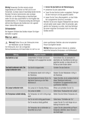 Page 56Wichtig! Verwenden Sie bitte niemals scharfe
Gegenstände zum Entfernen von Reif und Eis vom
Verdampfer, da dieser dadurch beschädigt werden könnte.
Benutzen Sie keine mechanischen oder sonstigen
Hilfsmittel, um den Abtauprozess zu beschleunigen;
halten Sie sich dazu ausschließlich an die Angaben des
Geräteherstellers. Ein Temperaturanstieg des Gefrierguts
während des Abtauens des Gerätes kann die Lagerzeit
dieser Lebensmittel verkürzen.
Stillstandzeiten
Bei längerem Stillstand des Gerätes müssen Sie...