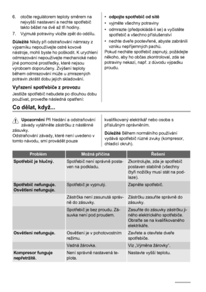 Page 86. otočte regulátorem teploty směrem na
nejvyšší nastavení a nechte spotřebič
takto běžet na dvě až tři hodiny.
7. Vyjmuté potraviny vložte zpět do oddílu.
Důležité Nikdy při odstraňování námrazy z
výparníku nepoužívejte ostré kovové
nástroje, mohli byste ho poškodit. K urychlení
odmrazování nepoužívejte mechanické nebo
jiné pomocné prostředky, které nejsou
výrobcem doporučeny. Zvýšení teploty
během odmrazování může u zmrazených
potravin zkrátit dobu jejich skladování.
Vyřazení spotřebiče z provozu...