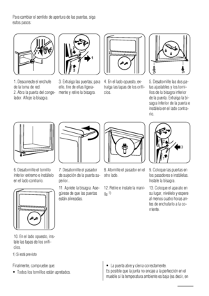 Page 72Para cambiar el sentido de apertura de las puertas, siga
estos pasos:
1. Desconecte el enchufe
de la toma de red.
2. Abra la puerta del conge-
lador. Afloje la bisagra.
1 2
3
3. Extraiga las puertas; para
ello, tire de ellas ligera-
mente y retire la bisagra.4. En el lado opuesto, ex-
traiga las tapas de los orifi-
cios.5. Desatornille las dos pa-
tas ajustables y los torni-
llos de la bisagra inferior
de la puerta. Extraiga la bi-
sagra inferior de la puerta e
instálela en el lado contra-
rio.
6....