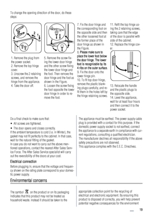 Page 19To change the opening direction of the door, do these
steps:
1. Remove the plug from
the power socket.
2. Remove the top hinge
cover.
3. Unscrew the 2 retaining
screws, and remove the
hinge from the appliance.
4. Take the door off.
1 2
5. Remove the screw fix-
ing the lower door hinge
and the other screw fixing
the lower door hinge and
the foot. Then remove the
door hinge and the foot as
shown in the Figure.
6. Loosen the screw fixing
the foot opposite the lower
door hinge in order to re-
move the foot....