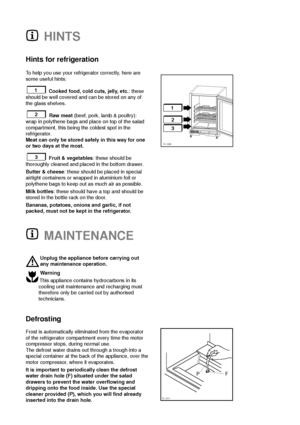 Page 6HINTS
S.I.009
3 2 1 
Hints for refrigeration
To help you use your refrigerator correctly, here are
some useful hints:
Cooked food, cold cuts, jelly, etc.: these
should be well covered and can be stored on any of
the glass shelves.
Raw meat(beef, pork, lamb & poultry):
wrap in polythene bags and place on top of the salad
compartment, this being the coldest spot in the
refrigerator.
Meat can only be stored safely in this way for one
or two days at the most.
Fruit & vegetables
: these should be
thoroughly...