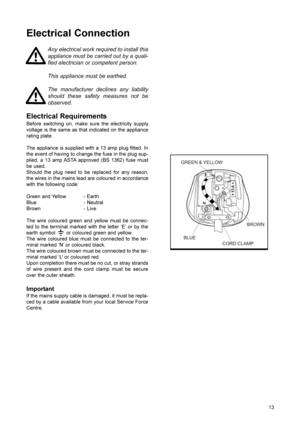 Page 1413
Electrical Connection
Any electrical work required to install this
appliance must be carried out by a quali-
fied electrician or competent person.
This appliance must be earthed.
The manufacturer declines any liability
should these safety measures not be
observed.
Electrical Requirements
Before switching on, make sure the electricity supply
voltage is the same as that indicated on the appliance
rating plate.
The appliance is supplied with a 13 amp plug fitted. In
the event of having to change the fuse...