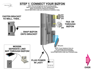 Page 1STEP 1: CONNECT YOUR BIZFON
Note: This card will get you up and running quickly.
Refer to the documentation for more detailed information.
Bizfon recommends professional installation.
Call (877)603-4100 to order your professional installation today.
MODEM:
SEPARATE LINE!
NOT THROUGH BIZFON!
FAX: OK
THROUGH
BIZFON
208
FASTEN BRACKET
TO WALL, THEN...
… SNAP BIZFON
ONTO BRACKET
OVER
PLUG POWER
IN LAST!
NOTE: If your telephone lines are
not connected and functioning,
you need a professional installation....