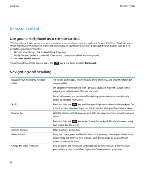 Page 38Remote control
Use your smartphone as a remote control
With BlackBerry Bridge, you can use your smartphone as a wireless mouse and keyboard for your BlackBerry PlayBook tablet. Watch movies, surf the Internet, or present a slideshow on your tablet’s screen or a connected HDMI display, such as a TV, 
projector, or computer monitor.
1.On your smartphone, click the BlackBerry Bridge app.
2.Verify that your tablet is connected. If necessary, connect your tablet and smartphone.
3.Click Use Remote Control.
To...