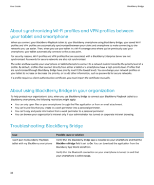 Page 40About synchronizing Wi-Fi profiles and VPN profiles between 
your tablet and smartphone
When you connect your BlackBerry PlayBook tablet to your BlackBerry smartphone using BlackBerry Bridge, your saved Wi-Fi 
profiles and VPN profiles are automatically synchronized between your tablet and smartphone to make connecting to the 
networks you use easier. Then, when you use your tablet in a Wi-Fi coverage area where you've previously used your  smartphone, your tablet automatically connects to the access...