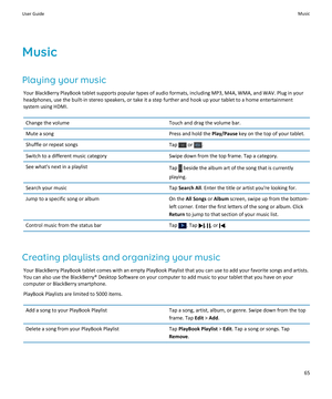 Page 67Music
Playing your music
Your BlackBerry PlayBook tablet supports popular types of audio formats, including MP3, M4A, WMA, and WAV. Plug in your 
headphones, use the built-in stereo speakers, or take it a step further and hook up your tablet to a home entertainment  system using HDMI.
Change the volumeTouch and drag the volume bar.Mute a songPress and hold the Play/Pause key on the top of your tablet.Shuffle or repeat songsTap  or .Switch to a different music categorySwipe down from the top frame. Tap a...