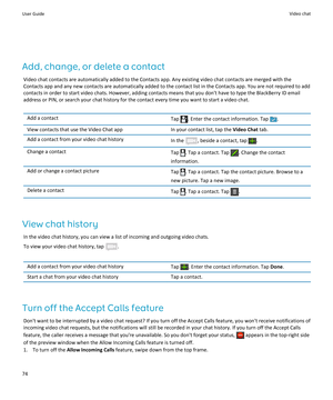 Page 76Add, change, or delete a contact
Video chat contacts are automatically added to the Contacts app. Any existing video chat contacts are merged with the Contacts app and any new contacts are automatically added to the contact list in the Contacts app. You are not required to add contacts in order to start video chats. However, adding contacts means that you don't have to type the BlackBerry ID email 
address or PIN, or search your chat history for the contact every time you want to start a video chat....