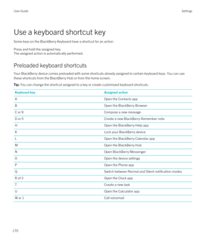 Page 170Use a keyboard shortcut key
Some keys on the BlackBerry Keyboard have a shortcut for an action.
Press and hold the assigned key.
The assigned action is automatically performed.
Preloaded keyboard shortcuts
Your BlackBerry device comes preloaded with some shortcuts already assigned to certain keyboard keys. You can use 
these shortcuts from the 
BlackBerry Hub or from the home screen.
Tip: You can change the shortcut assigned to a key or create customized keyboard shortcuts.Keyboard keyAssigned...