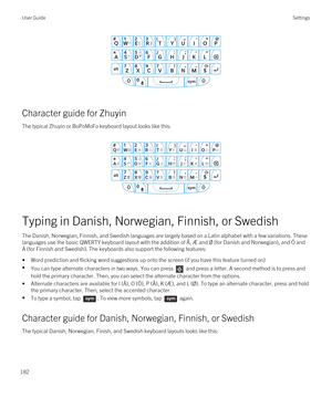 Page 182 
Character guide for Zhuyin
The typical Zhuyin or BoPoMoFo keyboard layout looks like this:
 
 
Typing in Danish, Norwegian, Finnish, or Swedish
The Danish, Norwegian, Finnish, and Swedish languages are largely based on a Latin alphabet with a few variations. These 
languages use the basic QWERTY keyboard layout with the addition of Å, Æ and 