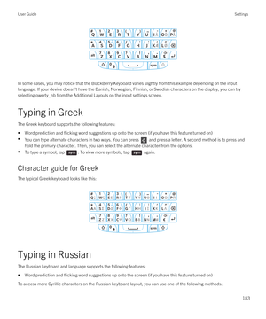 Page 183 
In some cases, you may notice that the BlackBerry Keyboard varies slightly from this example depending on the input 
language. If your device doesn