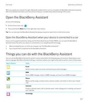 Page 227When you speak your requests through a Bluetooth enabled device such as a headset, the BlackBerry Assistant responds 
with more detailed information and instructions to help you complete tasks without looking at the screen.
Open the BlackBerry Assistant
Do any of the following:
