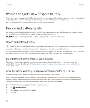 Page 140Where can I get a new or spare battery?
For the times when charging your BlackBerry device isn