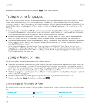 Page 176All keyboard input methods also support using the  key to access symbols.
Typing in other languages
You can set your BlackBerry device to recognize three different input languages when you type. As you type, your device 
makes predictions based on each of the language families. For example, if you use a Latin-based display language, 
predictions appear for any of the configured Latin-based languages. Similarly, if your display language is Korean, it will not 
display Arabic or Latin-based suggestions....