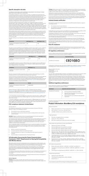 Page 3Specific absorption rate data
THIS WIRELESS DEVICE MODEL MEETS GOVERNMENT REQUIREMENTS FOR EXPOSURE TO RADIO 
WAVES WHEN USED AS DIRECTED IN THIS SECTION.
The BlackBerry smartphone is a radio transmitter and receiver. It is designed and manufactured not to 
exceed the emission limits for exposure to radio frequency (RF) energy set by the Federal Communications 
Commission (FCC) of the U.S. Government, Industry Canada of the Canadian Government (IC), and 
recommended by The Council of the European Union...