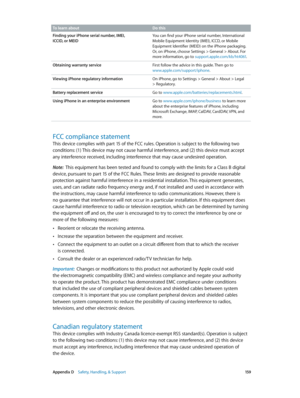 Page 159 Appendix D    Safety, Handling, & Support 15 9
To learn aboutDo this
Finding your iPhone serial number, IMEI,  
ICCID, or MEID You can find your iPhone serial number, International 
Mobile Equipment Identity (IMEI), ICCD, or Mobile 
Equipment Identifier (MEID) on the iPhone packaging. 
Or, on iPhone, choose Settings > General > About. For 
more information, go to 
support.apple.com/kb/ht4061 .
Obtaining warranty service First follow the advice in this guide. Then go to 
www.apple.com/support/iphone....