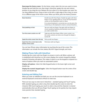 Page 237Rearrange the Home screen:  On the Home screen, select the icon you want to move. 
Double-tap and hold the icon, then drag it. VoiceOver speaks the row and column 
position as you drag the icon. Release the icon when it’s in the location you want. You 
can drag additional icons. Drag an item to the left or right edge of the screen to move 
it to a different page of the Home screen. When you finish, press the Home 
 button.
Mute VoiceOverDouble-tap with three fingers. Double-tap again with three 
fingers...