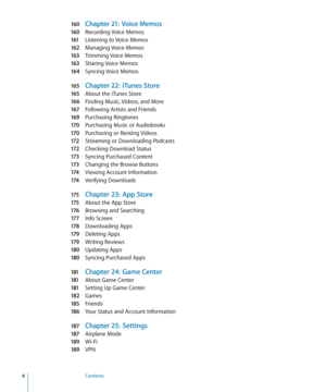 Page 6160 Chapter 21:  Voice Memos
160 Recording Voice Memos
161 Listening to Voice Memos
162 Managing Voice Memos
163 Trimming Voice Memos
163 Sharing Voice Memos
164 Syncing Voice Memos
165 Chapter 22:   iTunes Store
165 About the iTunes Stor e
166 Finding Music, Videos, and Mor e
167 Following Artists and Friends
169 Purchasing Ringtones
170 Purchasing Music or Audiobooks
170 Purchasing or Renting Videos
172 Streaming or Downloading Podcasts
172 Checking Download Status
173 Syncing Purchased Conten t
173...