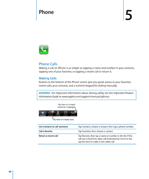 Page 60Phone
5
Phone Calls
Making a call on iPhone is as simple as tapping a name and number in your contacts, 
tapping one of your favorites, or tapping a recent call to return it.
Making Calls
Buttons at the bottom of the Phone screen give you quick access to your favorites, 
recent calls, your contacts, and a numeric keypad for dialing manually.
WARNING:  For important information about driving safely, see the Important Product 
Information Guide at www.apple.com/support/manuals/iphone.
Number of missed...