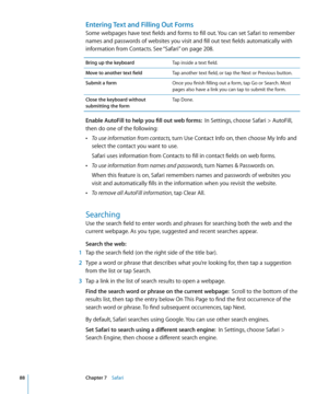 Page 88Entering Text and Filling Out Forms
Some webpages have text fields and forms to fill out. You can set Safari to remember 
names and passwords of websites you visit and fill out text fields automatically with 
information from Contacts. See “Safari
” on page 208.
Bring up the keyboardTap inside a text field.
Move to another text field Tap another text field, or tap the Next or Previous button.
Submit a form Once you finish filling out a form, tap Go or Search. Most 
pages also have a link you can tap to...