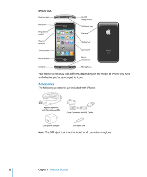 Page 10iPhone 3GS
iPhone
Headset jack
Receiver
Ring/Silent
switchCamera SIM card tray
Volume
buttons
Touchscreen
Speaker Dock
connector
Home button On/Off
Sleep/Wake
Microphone App icons Status bar
Your Home screen may look different, depending on the model of iPhone you have 
and whether you’ve rearranged its icons.
Accessories
The following accessories are included with iPhone:
Dock Connector to USB Cable
Apple Earphones
with Remote and Mic
SIM eject tool
USB power adapter
Note:  The SIM eject tool is not...