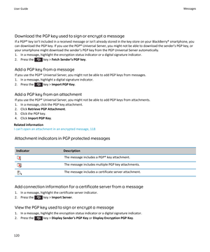 Page 122Download the PGP key used to sign or encrypt a messageIf a PGP® key isn't included in a received message or isn't already stored in the key store on your BlackBerry® smartphone, youcan download the PGP key. If you use the PGP® Universal Server, you might not be able to download the sender’s PGP key, or your smartphone might download the sender’s PGP key from the PGP Universal Server automatically.
1. In a message, highlight the encryption status indicator or a digital signature indicator.
2....