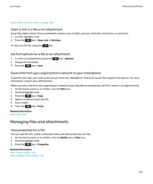 Page 129I can't attach a file to a text message, 104Open a link in a file or an attachmentSome files might contain links to embedded content, such as tables, pictures, footnotes, text boxes, or comments.
1. In a file, highlight a link.
2.  Press the 
 key >  Open Link  or Retrieve .
To return to the file, press the 
 key.
Set font options for a file or an attachment
1.  In a file or an attachment, press the 
 key >  Options .
2. Change the font fields.
3. Press the 
 key >  Save.
Save a file from your...