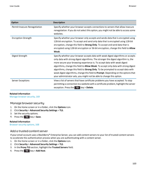 Page 171OptionDescriptionPermit Insecure RenegotiationSpecify whether your browser accepts connections to servers that allow insecurerenegotation. If you do not select this option, you might not be able to access some websites.Encryption StrengthSpecify whether your browser only accepts and sends data that is encrypted using
128-bit encryption. To accept and send only data that is encrypted using 128-bit
encryption, change this field to  Strong Only. To accept and send data that is
encrypted using 128-bit...