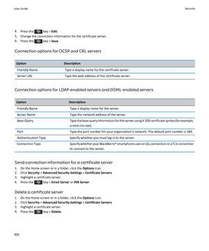 Page 3024.Press the  key >  Edit.
5. Change the connection information for the certificate server.
6. Press the 
 key >  Save.
Connection options for OCSP and CRL servers
OptionDescriptionFriendly NameType a display name for the certificate server.Server URLType the web address of the certificate server.
Connection options for LDAP-enabled servers and DSML-enabled servers
OptionDescriptionFriendly NameType a display name for the server.Server NameType the network address of the server.Base QueryType the base...