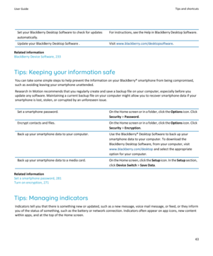 Page 45Set your BlackBerry Desktop Software to check for updates
automatically.For instructions, see the Help in BlackBerry Desktop Software .Update your BlackBerry Desktop Software .Visit www.blackberry.com/desktopsoftware .
Related information
BlackBerry Device Software, 233
Tips: Keeping your information safe You can take some simple steps to help prevent the information on your BlackBerry® smartphone from being compromised,
such as avoiding leaving your smartphone unattended.
Research In Motion recommends...