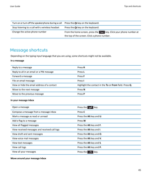 Page 47Turn on or turn off the speakerphone during a callPress the  key on the keyboard.Stop listening to a call with a wireless headsetPress the  key on the keyboard.Change the active phone numberFrom the home screen, press the  key. Click your phone number at
the top of the screen. Click a phone number.
Message shortcuts
Depending on the typing input language that you are using, some shortcuts might not be available.
In a message
Reply to a messagePress  RReply to all in an email or a PIN messagePress...