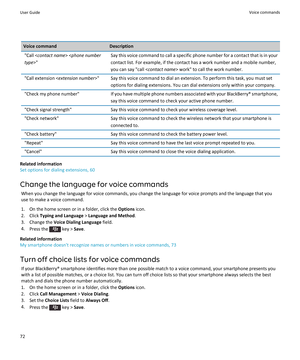 Page 74Voice commandDescription"Call  "Say this voice command to call a specific phone number for a contact that is in your
contact list. For example, if the contact has a work number and a mobile number, you can say "call < contact name> work" to call the work number."Call extension < extension number >"Say this voice command to dial an extension. To perform this task, you must set
options for dialing extensions. You can dial extensions only within your company."Check my phone...